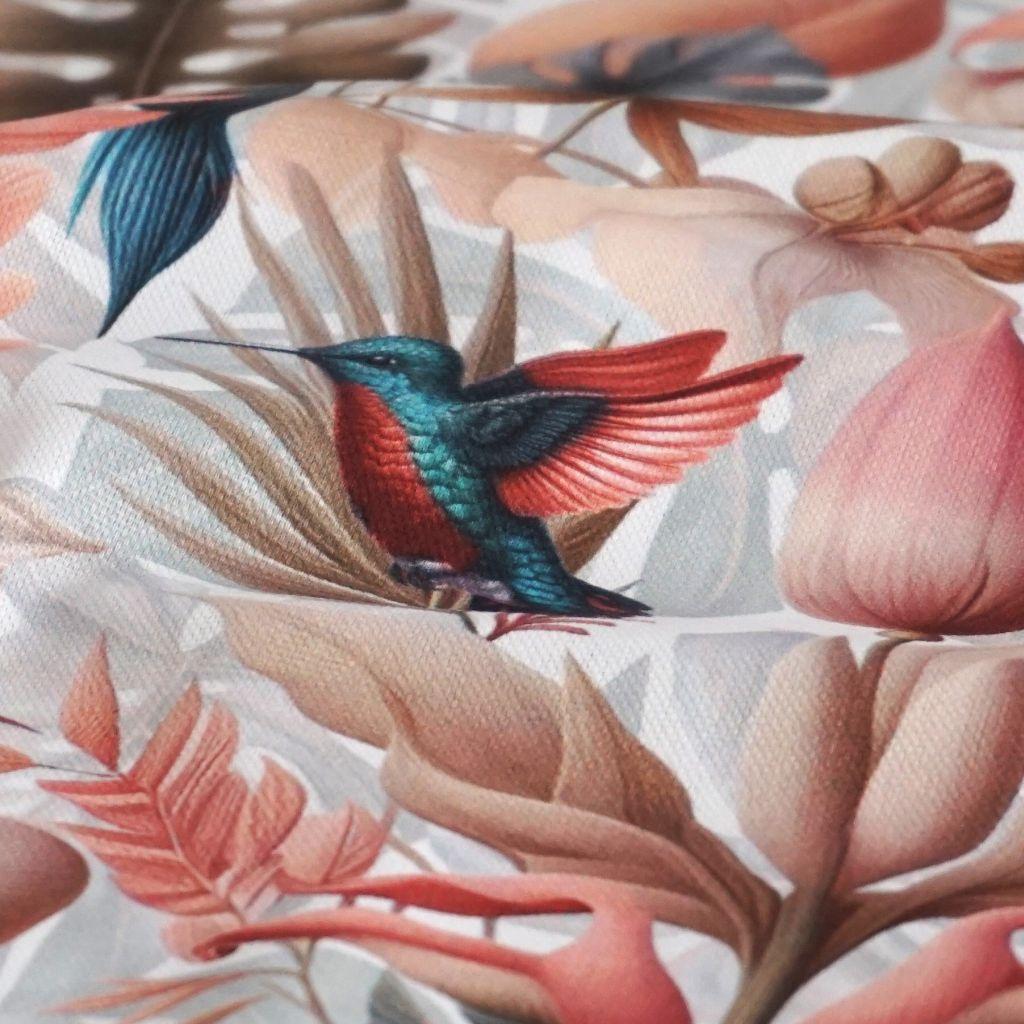 Dekostoff Halbpanama Kolibri mit Pflanzen rosa petrol